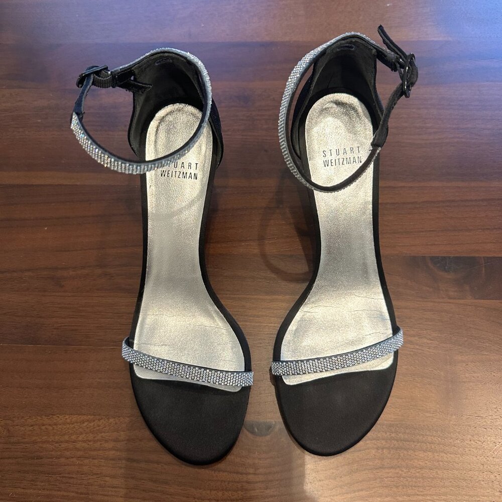 Stuart Weitzman Black Satin Crystal Embellished Ankle Strap Heels